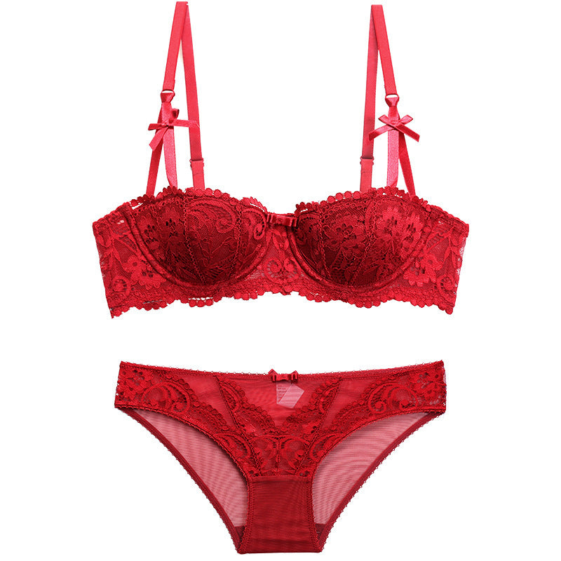 Jacquard Lace Half-Cup Push-Up Bra Set – Lifting & Anti-Sag | 3 Colors