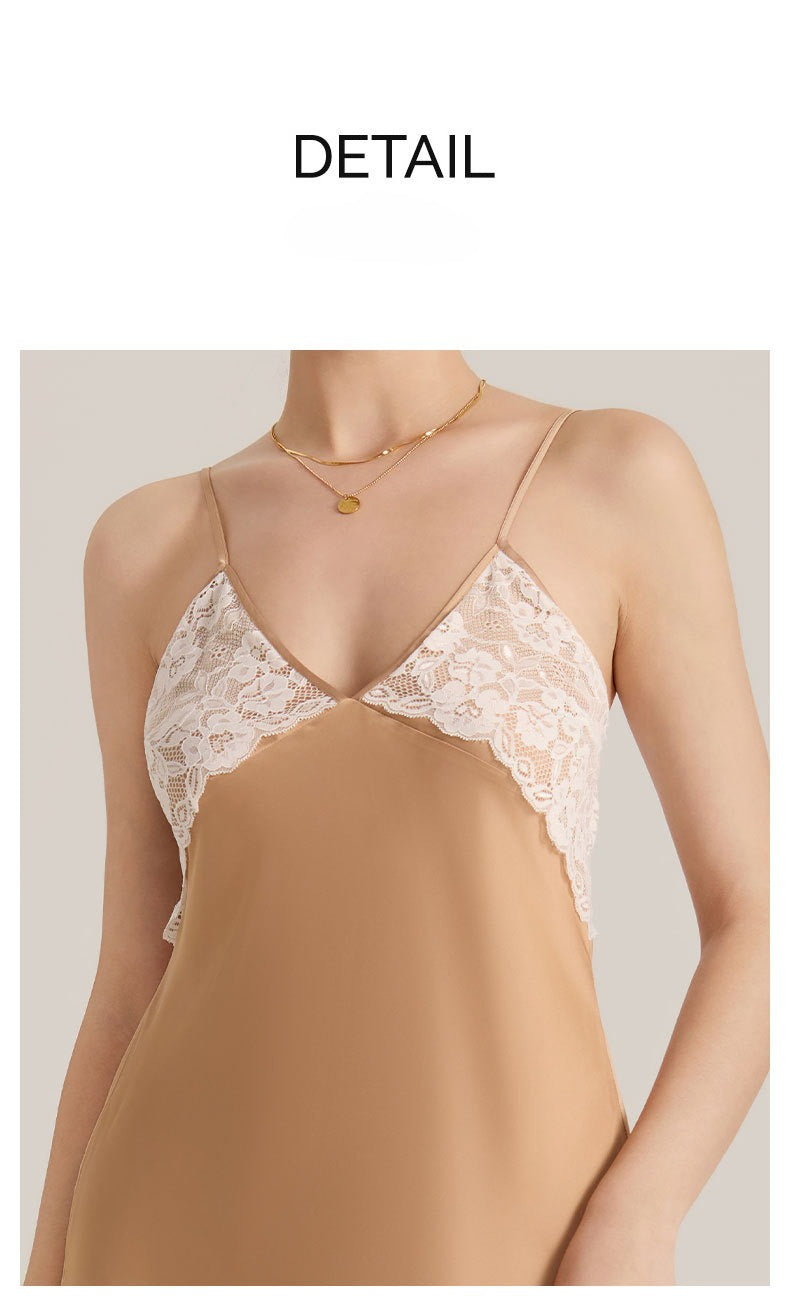 Lace Splice Satin Chiffon Backless Spaghetti Strap Nightdress — Sexy Loungewear