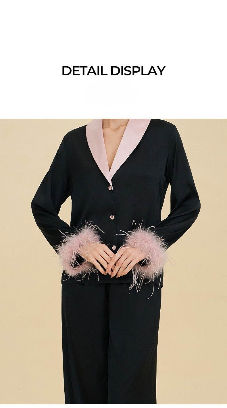 Feather Trim Luxury Pajama Set | Premium Gift Loungewear