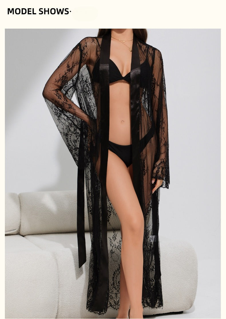 Black Lace Long Robe & Nightgown Set | Sheer Sleepwear