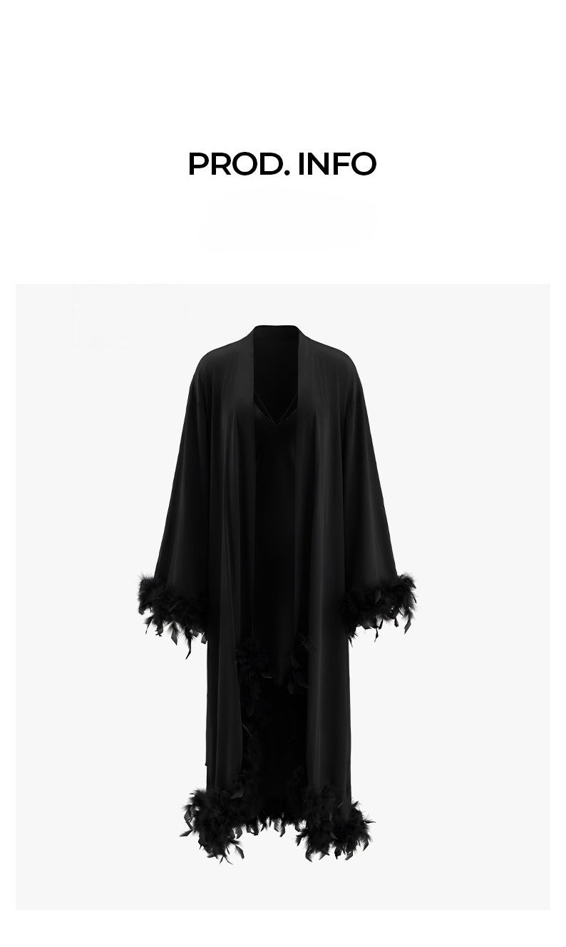Feather Trim Trailing Long Morning Robe | Luxury Nightgown Robe