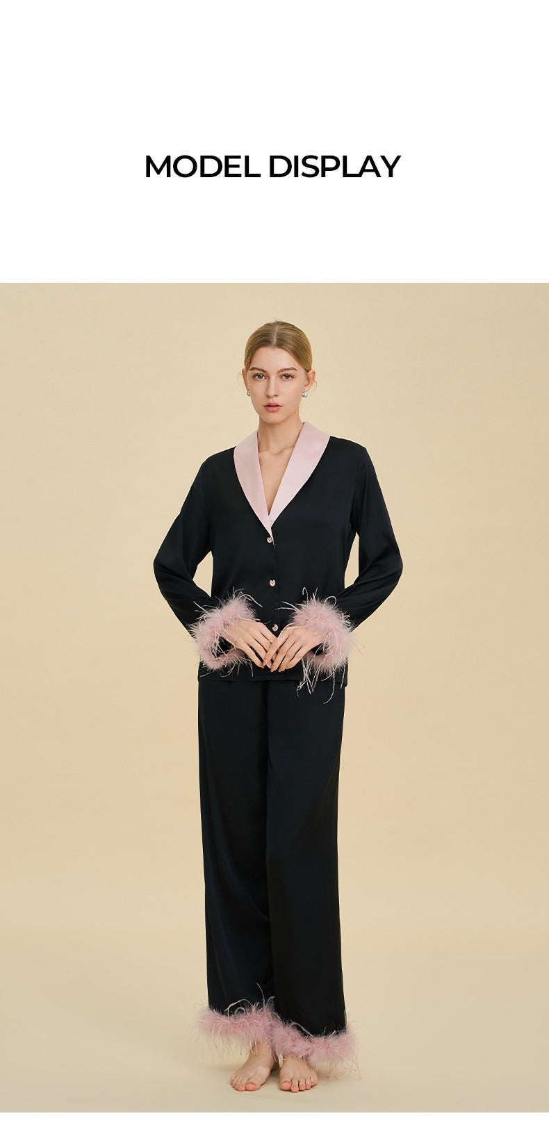 Feather Trim Luxury Pajama Set | Premium Gift Loungewear