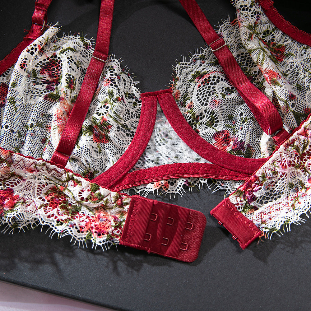 French Vintage Lace Floral Print Gathering Bra Lingerie Set