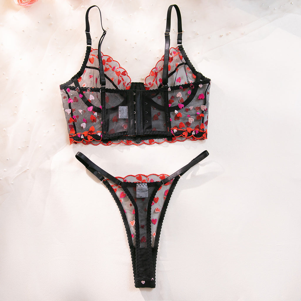 Heart Embroidery Mesh Underwire Lift Bra Set