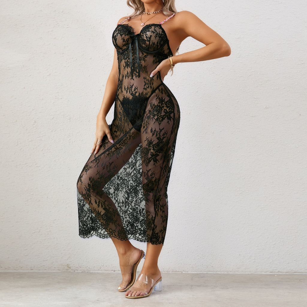 Black Christmas Lace Spaghetti Strap Babydoll Dress Set