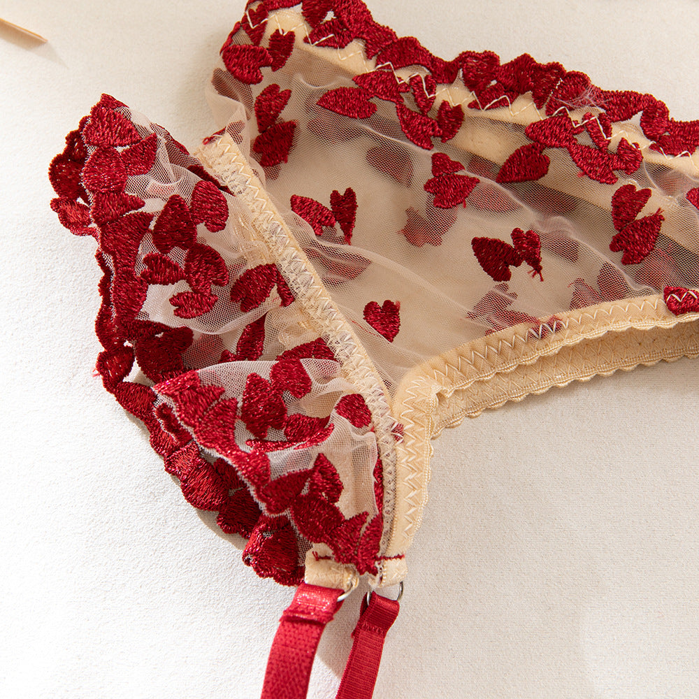 Red Floral Embroidery Sheer Lift Luxury Lingerie Set