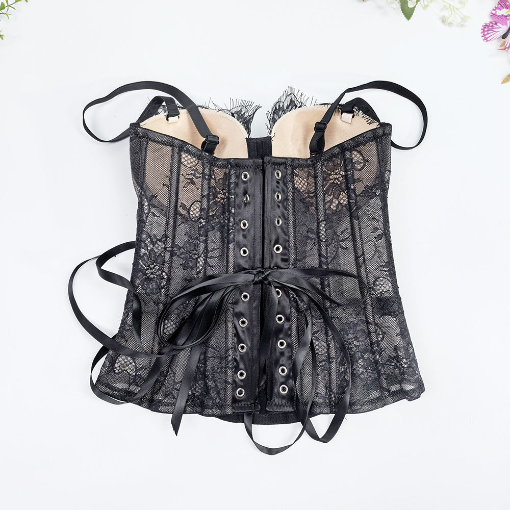 Solid Lace Off-Shoulder Fishbone Corset Bra