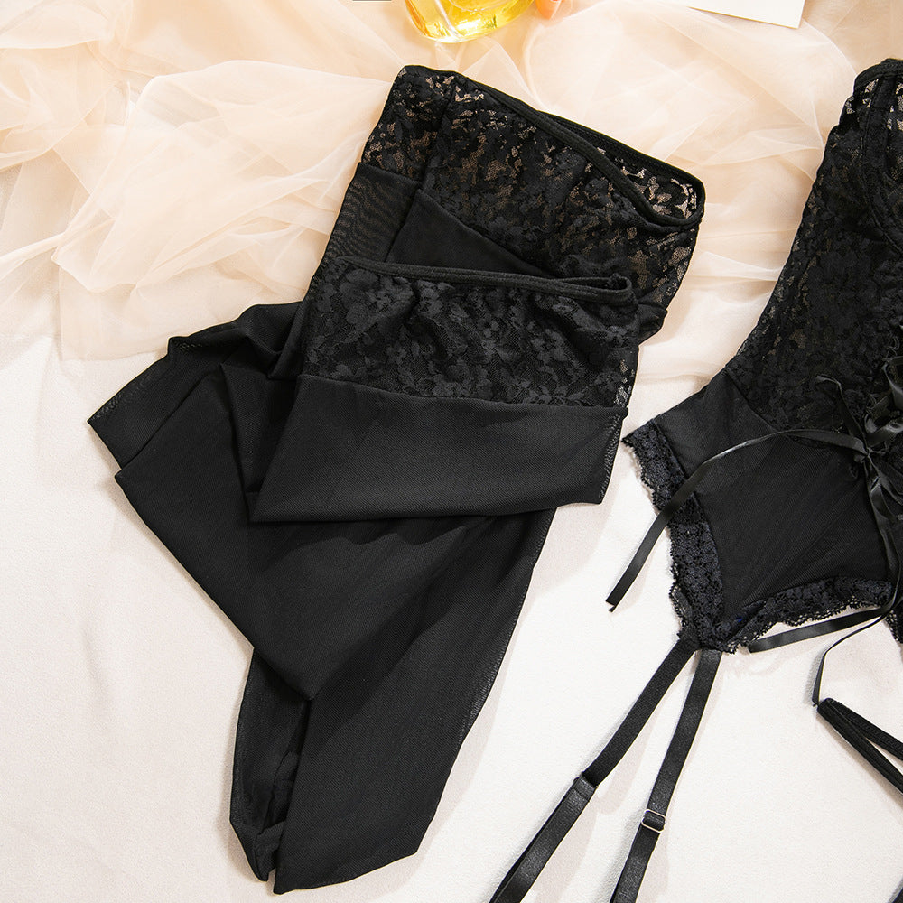 Lace Mesh Lingerie Set with Stockings | Strap Gathering Slim Fit