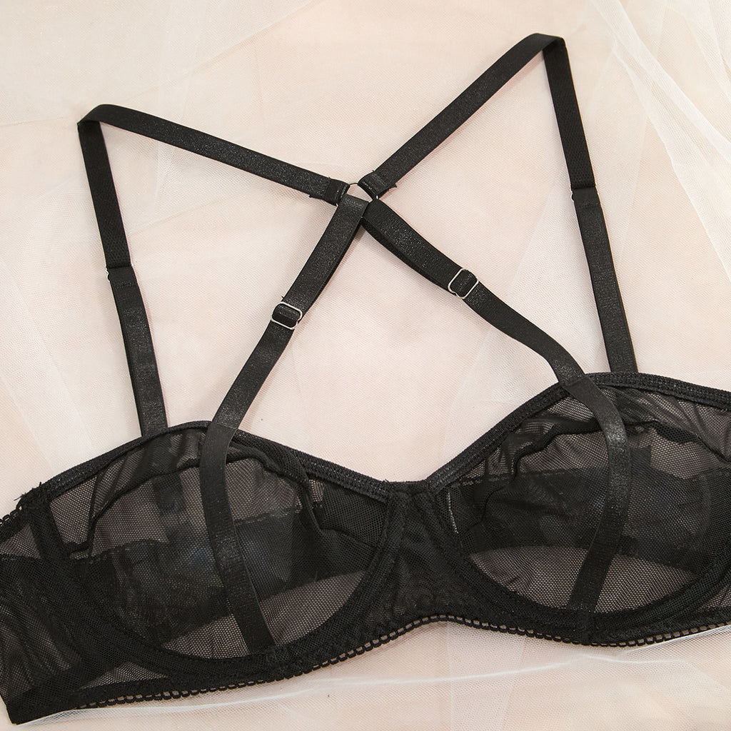 Sheer Mesh Cutout Cross-Strap Gathering