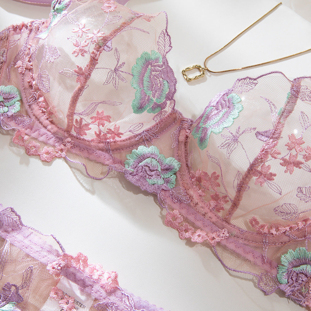 Pink Single-Layer Lace Embroidery Underwire Lift Bra Set