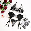 Contrast Webbing Boned Three-Piece Lingerie Set