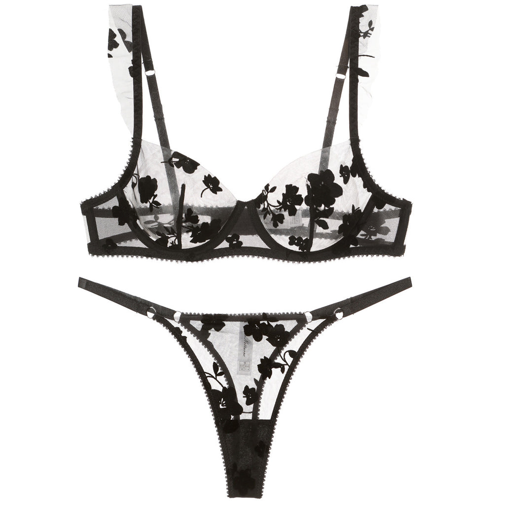 French Lace Embroidered Bra Set – Minimizing & Anti-Sag with Sheer Cups