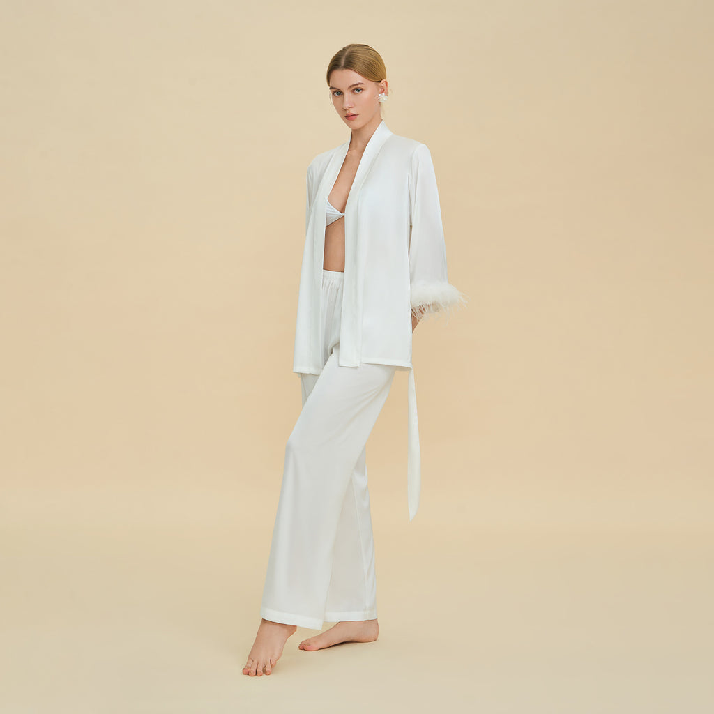 Feather Trim Long Sleeve Pajama Set | Detachable Luxury Loungewear