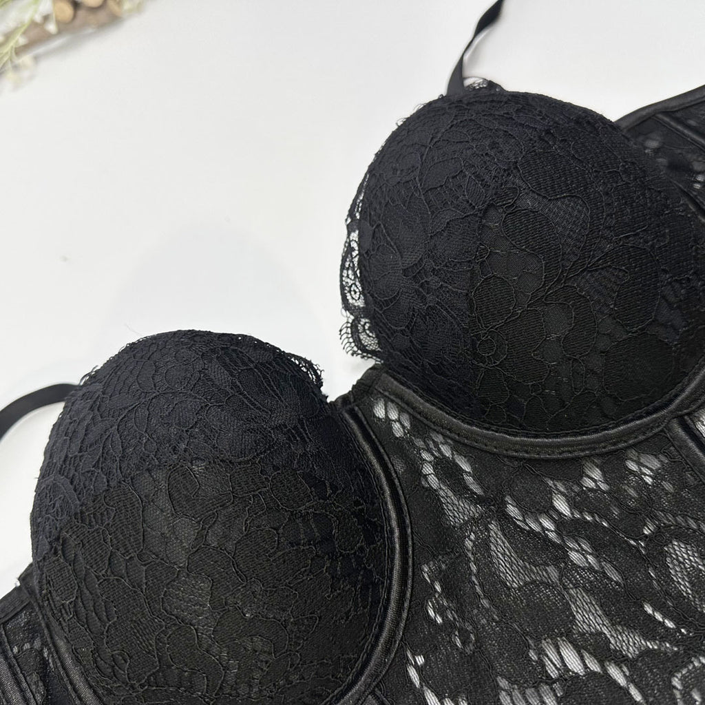 Lace & Mesh Splice Fishbone Corset Bra