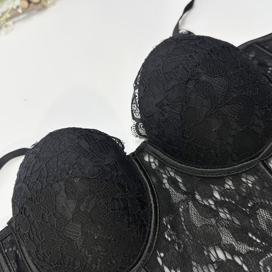 Lace & Mesh Splice Fishbone Corset Bra