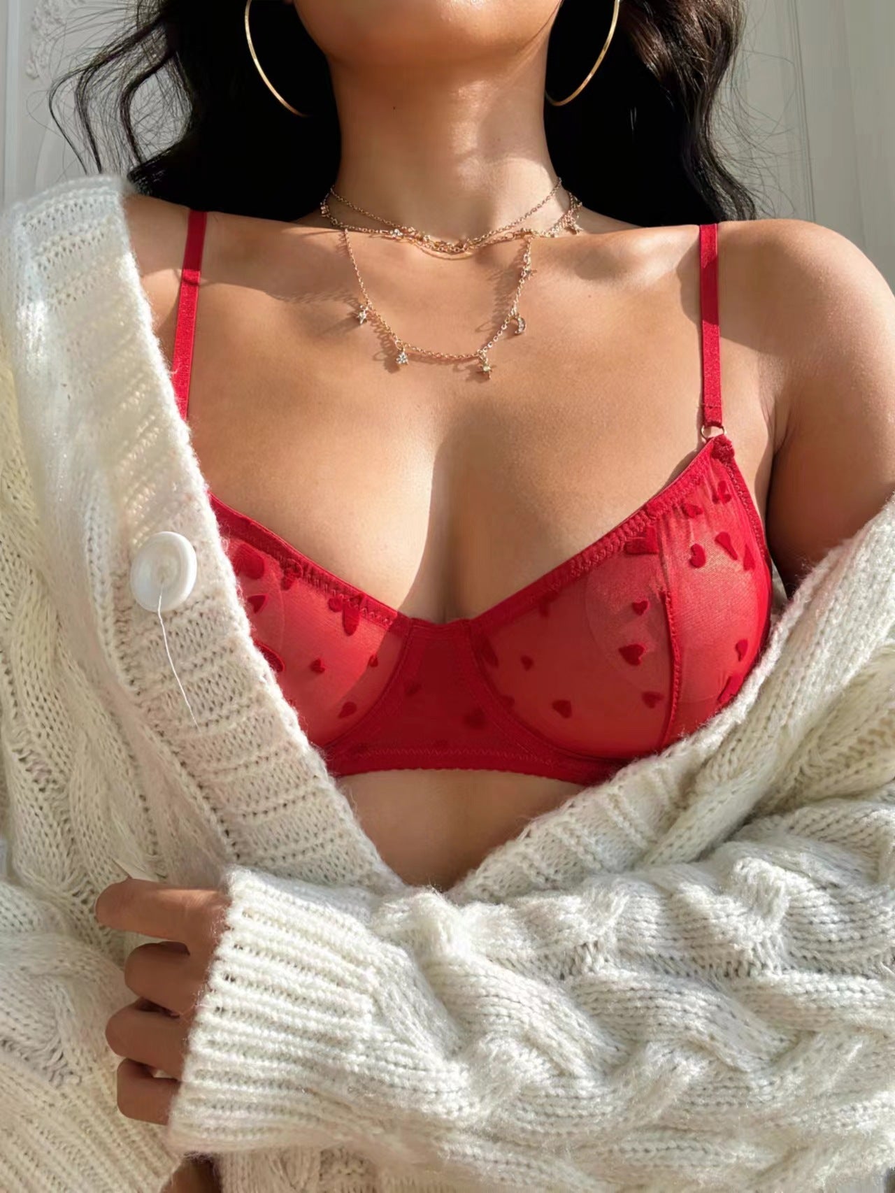 Heart Print Mesh Lace Bra Set – French Ultra-Thin, Push-Up