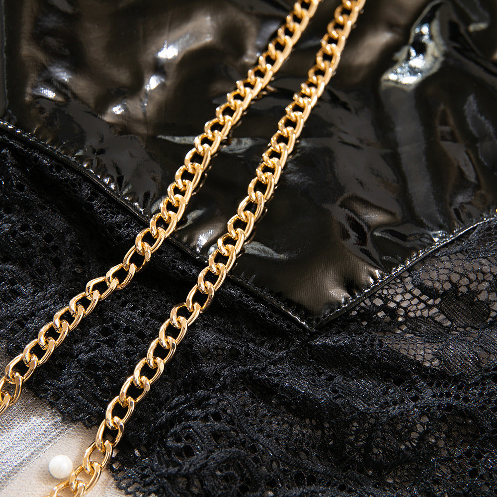 Lace Patent Leather Halter Chain Bodysuit