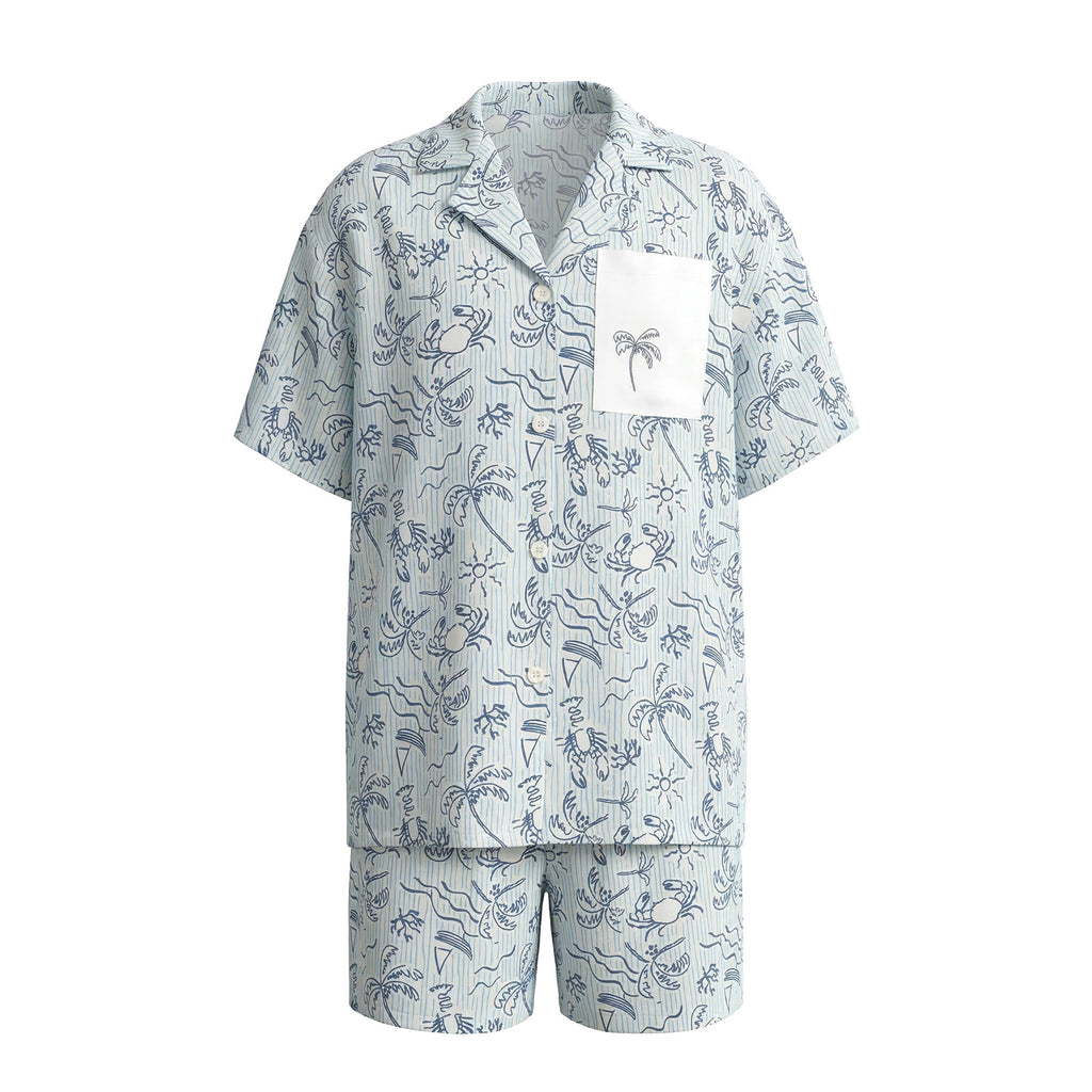 Blue Island Print Short Sleeve Pajama Set | Summer Loungewear You Can Wear Outside