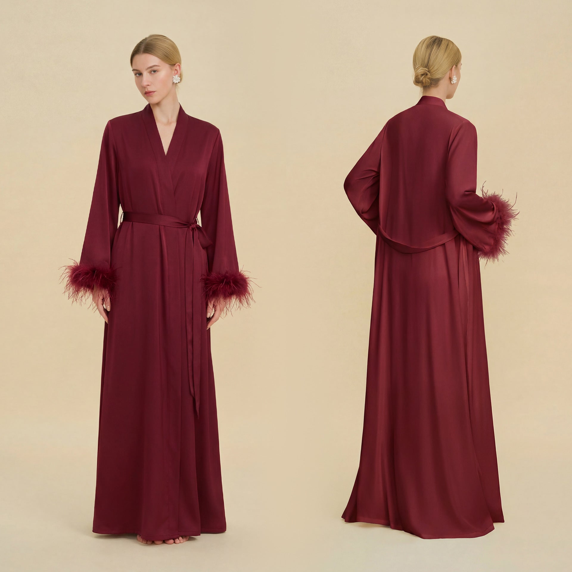 Feather Trim Luxury Robe | High-End Satin Bathrobe for Women
