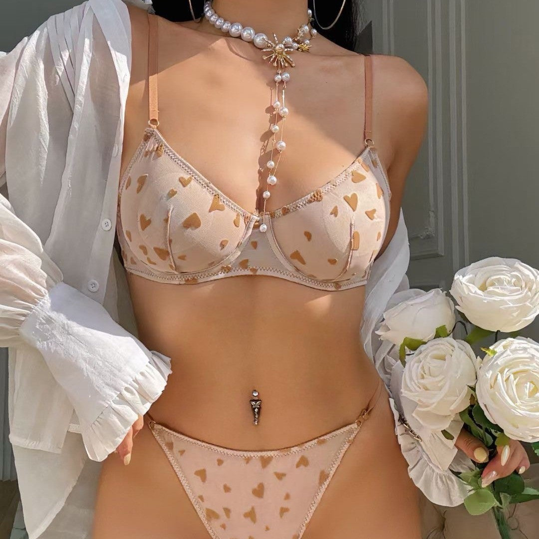 Heart Print Mesh Lace Bra Set – French Ultra-Thin, Push-Up