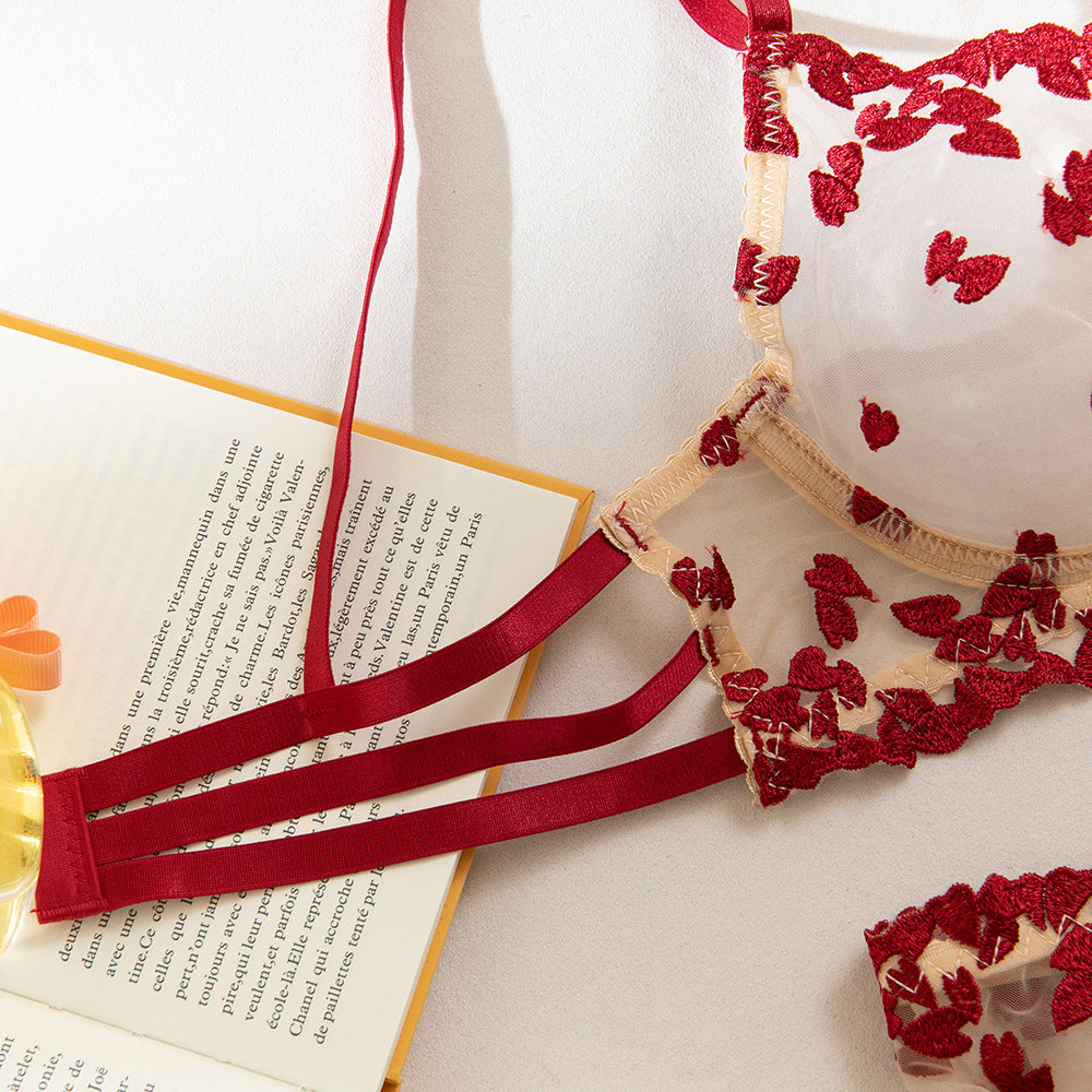 Red Floral Embroidery Sheer Lift Luxury Lingerie Set