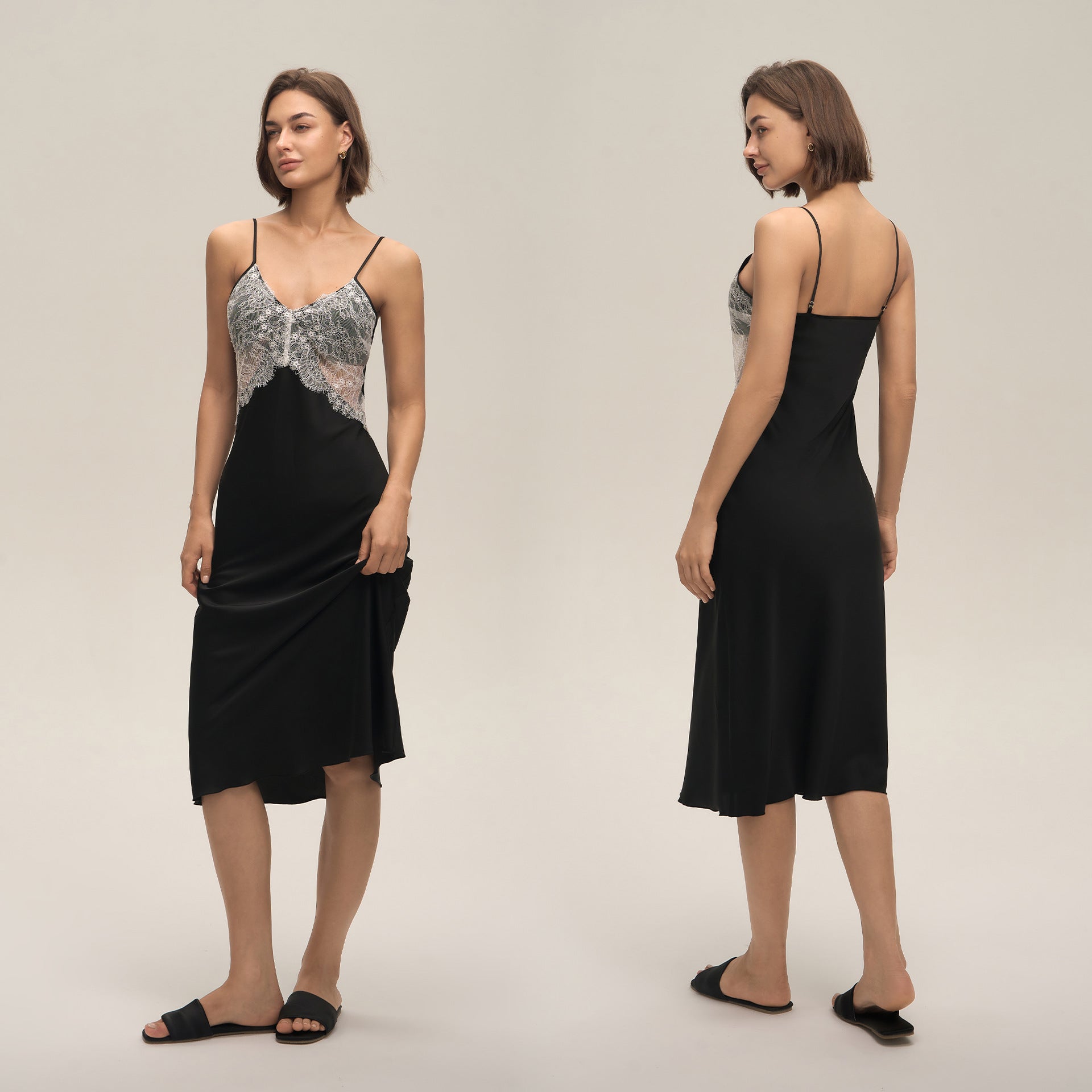 Satin Chiffon Lace Backless Spaghetti Strap Maxi Nightgown — Sexy Loungewear