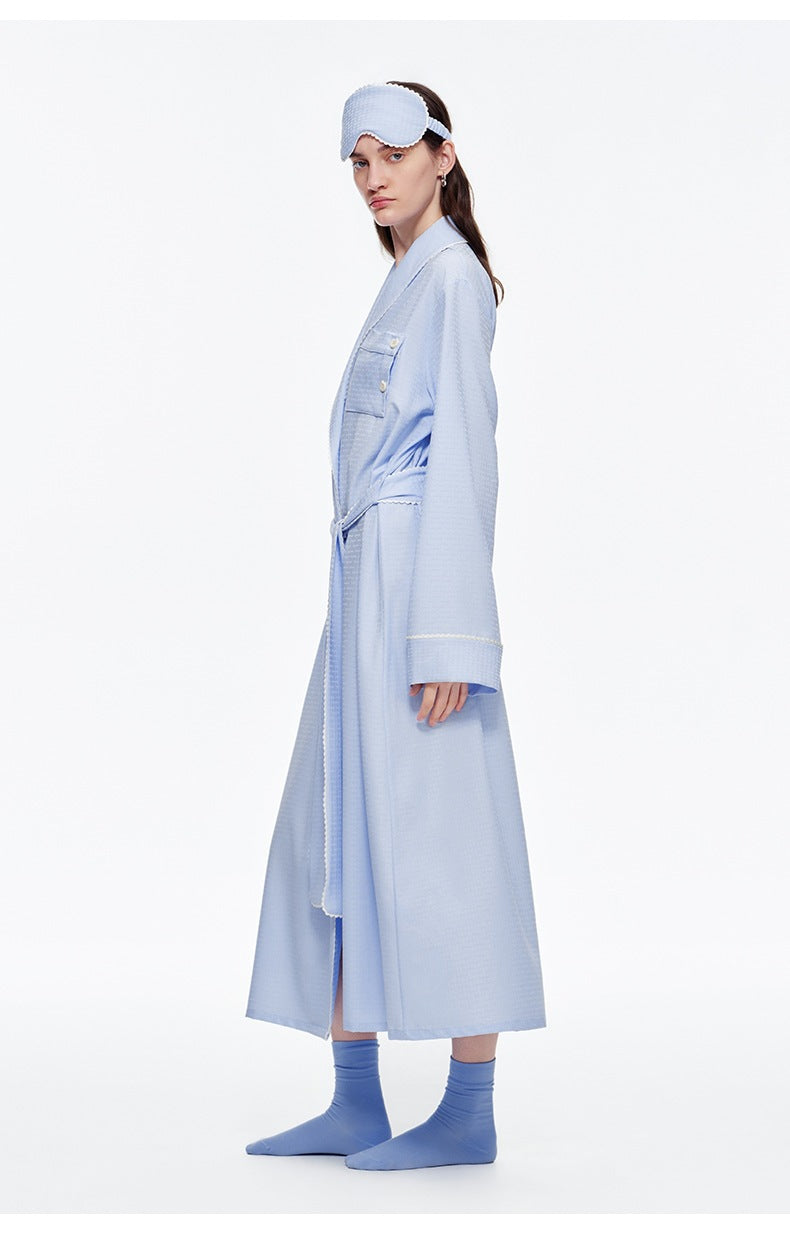 Stripe Waist-Tie Long Morning Robe | Soft Loungewear with Sleep Mask