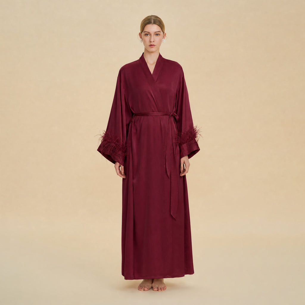 Ostrich Feather Cape Robe | Acetate Satin Luxury Loungewear