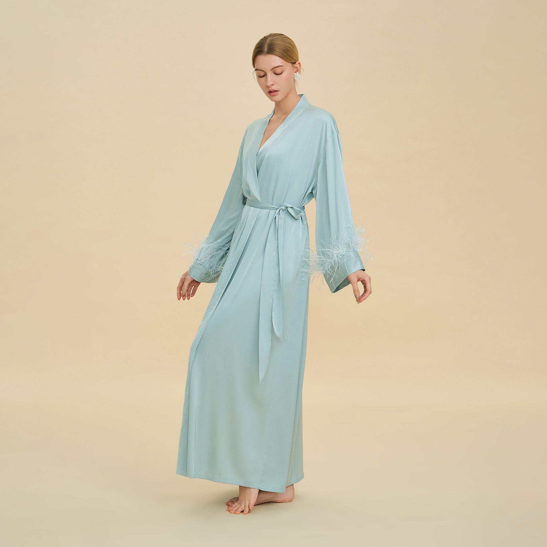 Ostrich Feather Cape Robe | Acetate Satin Luxury Loungewear