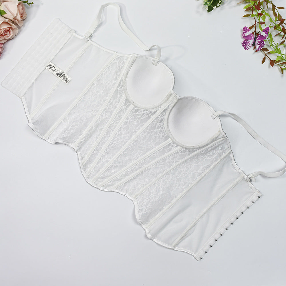 Mesh Off-Shoulder Lace Fishbone Corset Bra