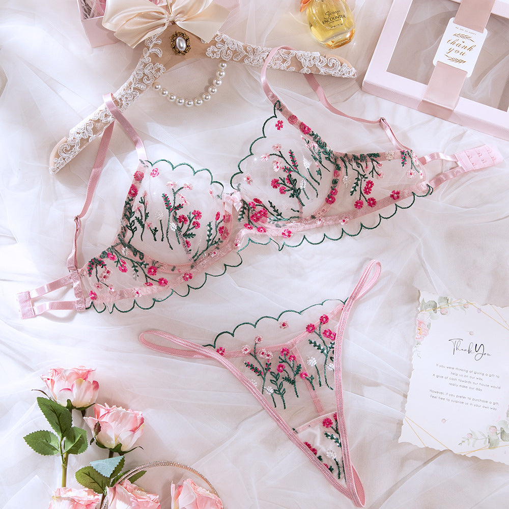Pink Ultra-Thin Single-Layer Mesh Embroidery Underwire Lift Bra Set