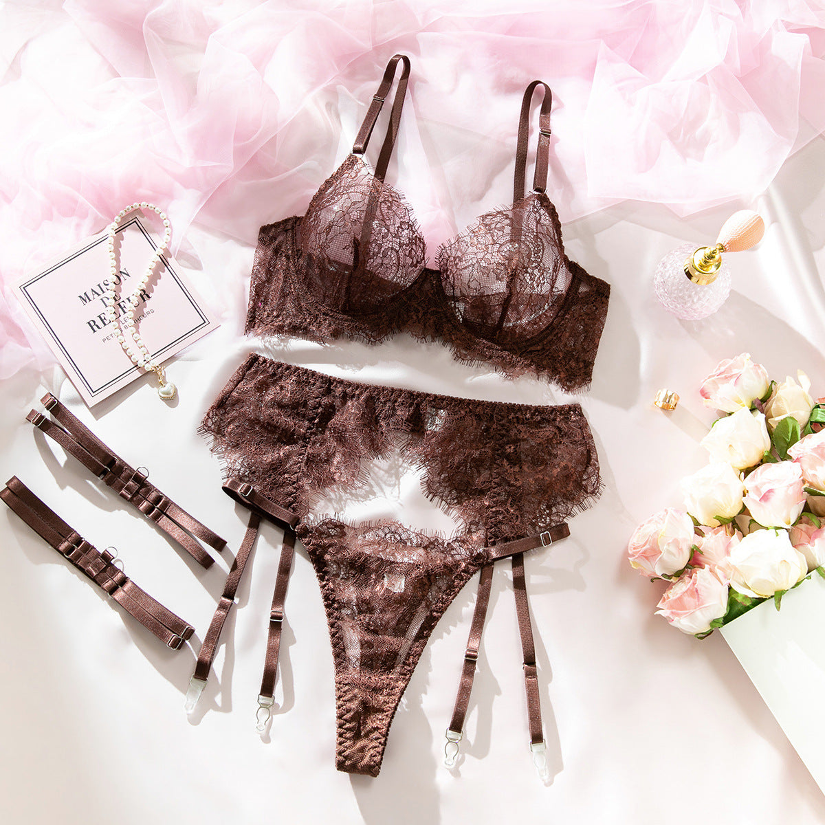 Mocha Ultra-Thin Lace Underwire Bra Set with Waist Belt