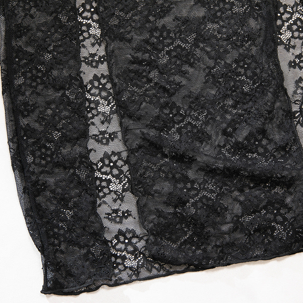 Black Lace Sheer Hollow-Out High-Slit Maxi Sleep Dress