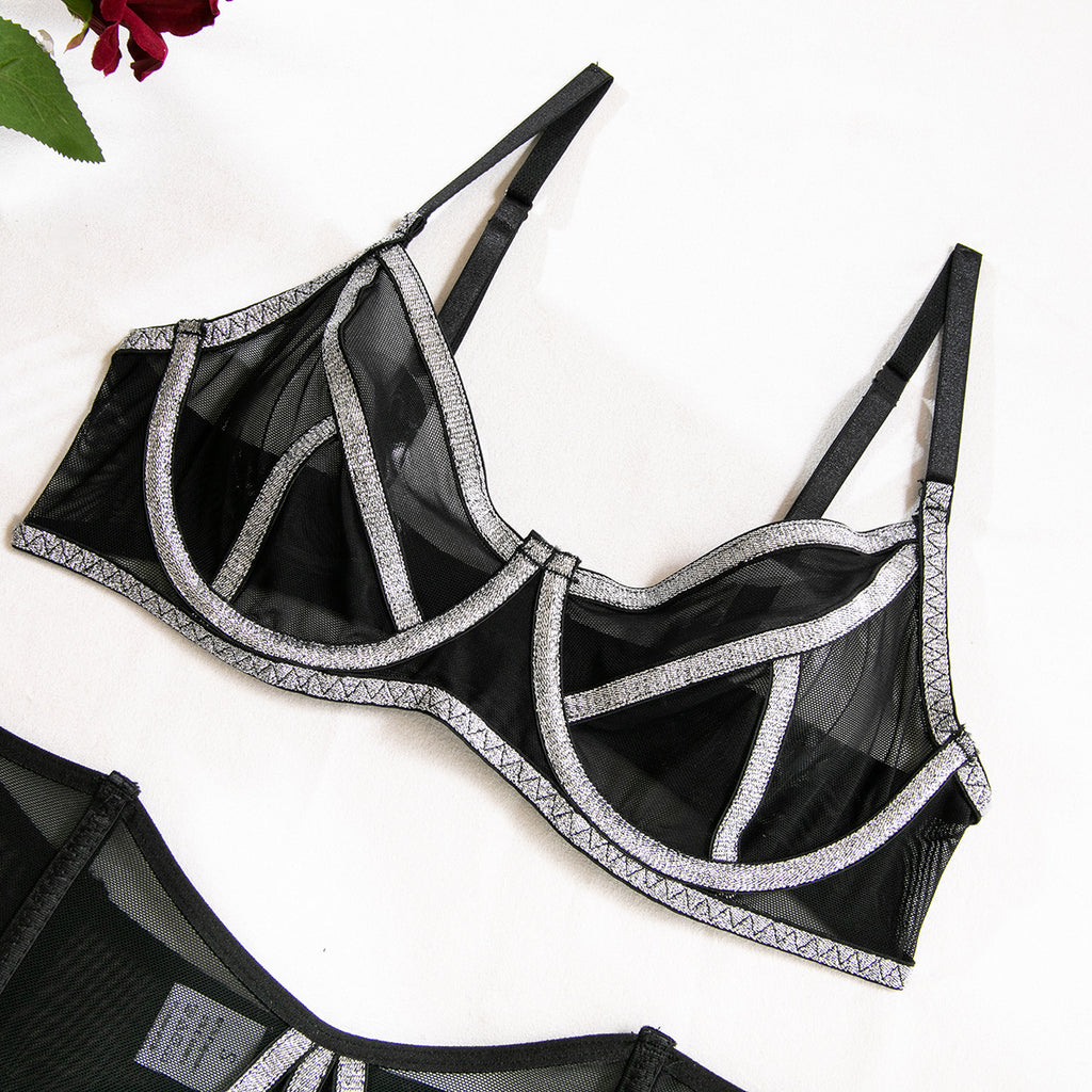 Contrast Webbing Boned Three-Piece Lingerie Set