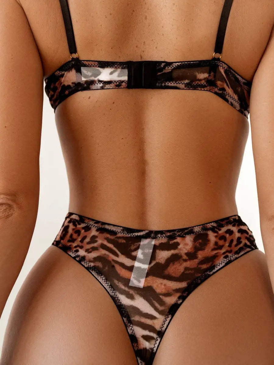 Leopard Print Sheer Mesh Bra Set – French Ultra-Thin, Anti-Sag | 4 Colors