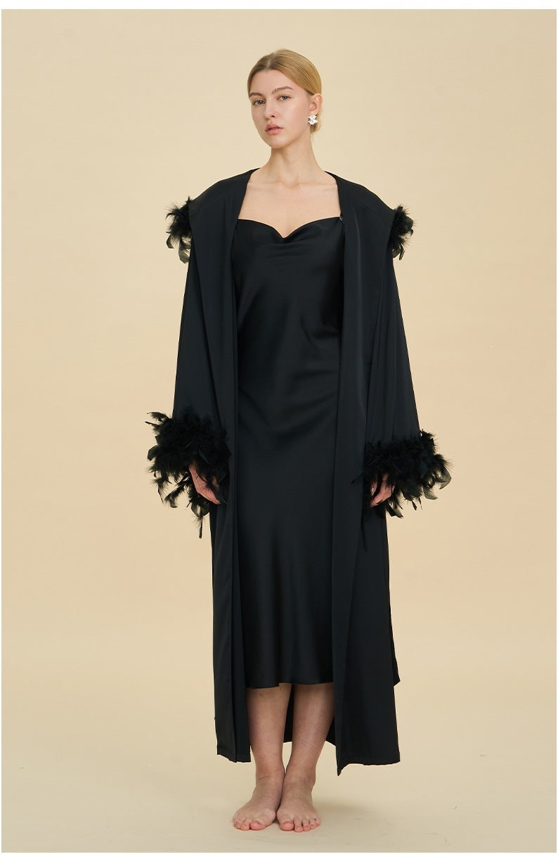 Slip Dress & Hooded Marabou Robe Set | Luxury Ice Silk Sleepwear