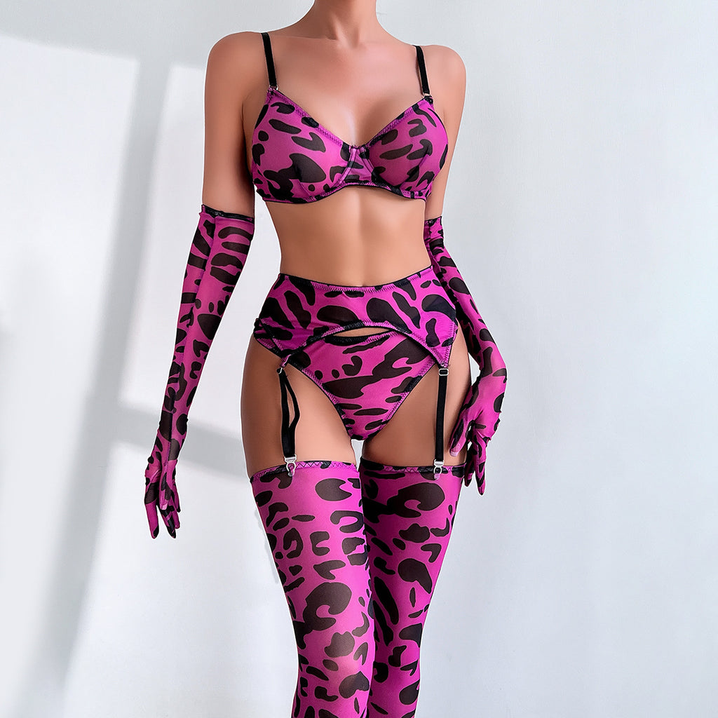 Leopard Print Bra Gloves Leg Sock Lingerie Set