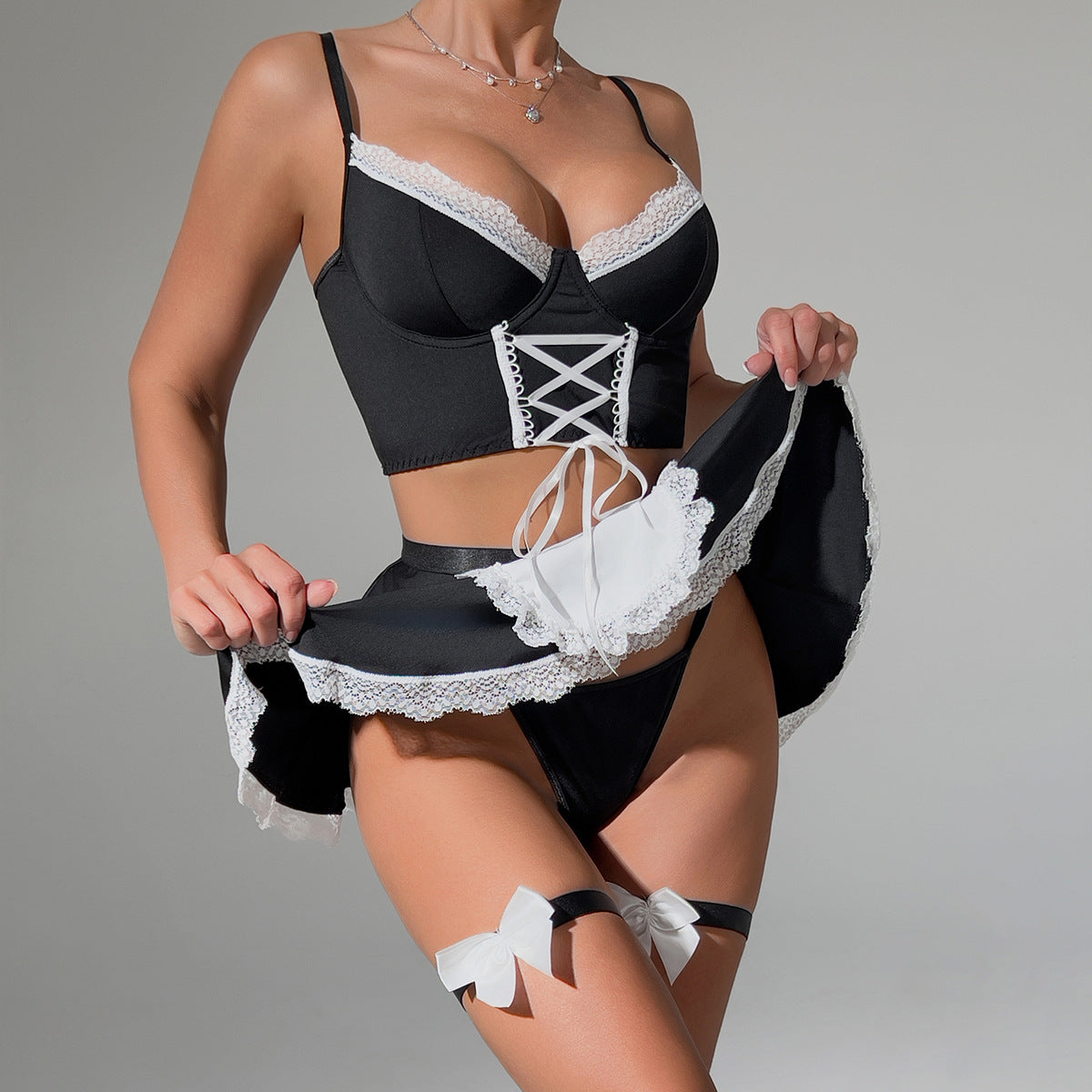 Sinful Maid Lace Apron Lingerie Four-Piece Set