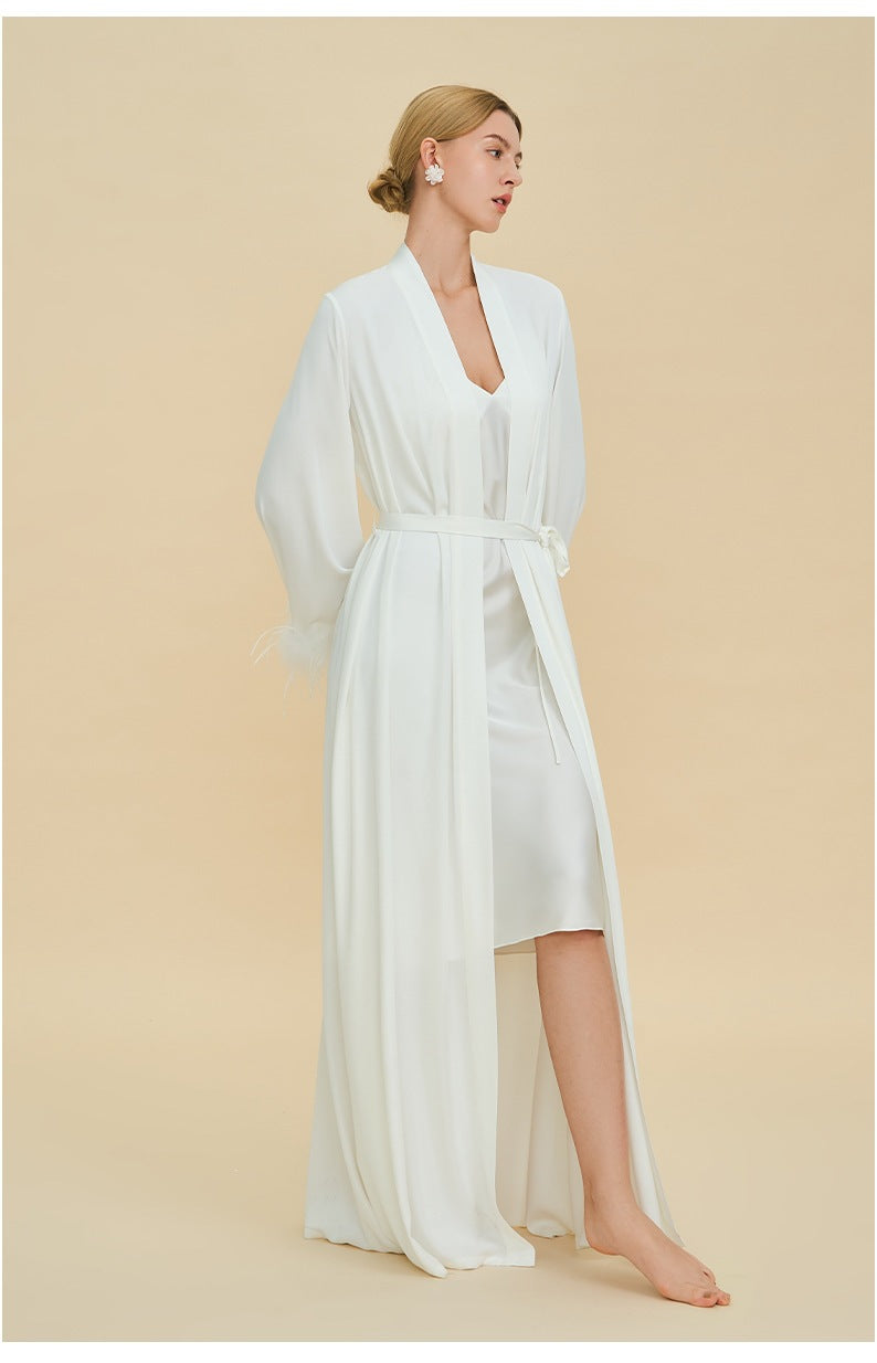 Feather Trim Luxury Robe | High-End Satin Bathrobe for Women