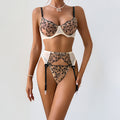 Floral Embroidery Sheer Mesh Bra & Garter 3-Piece Set