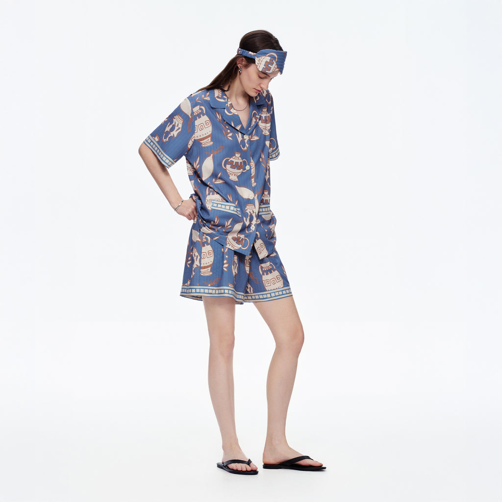 Jacquard Satin Shorts & Short-Sleeve Pajama Set — Luxury Loungewear