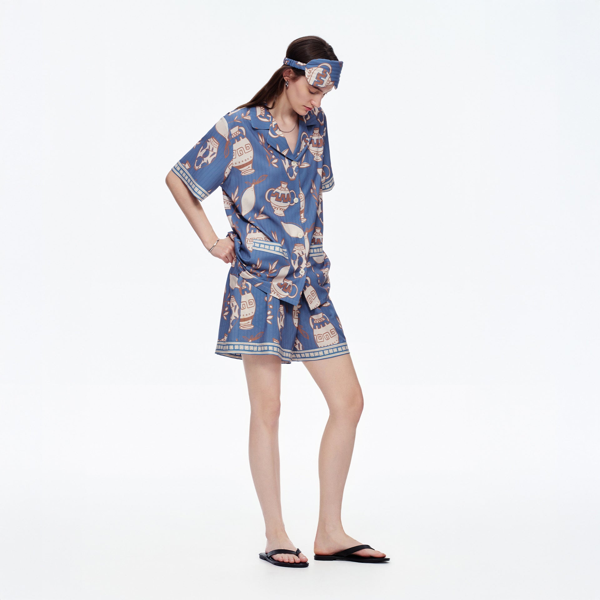 Jacquard Satin Shorts & Short-Sleeve Pajama Set — Luxury Loungewear