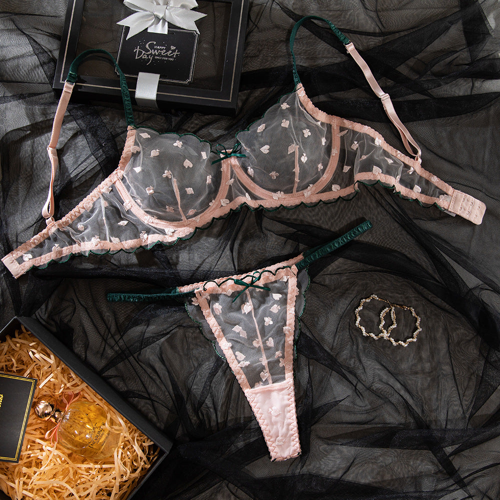 Printed Embroidery Sheer Lace Underwire Lift Bra Set