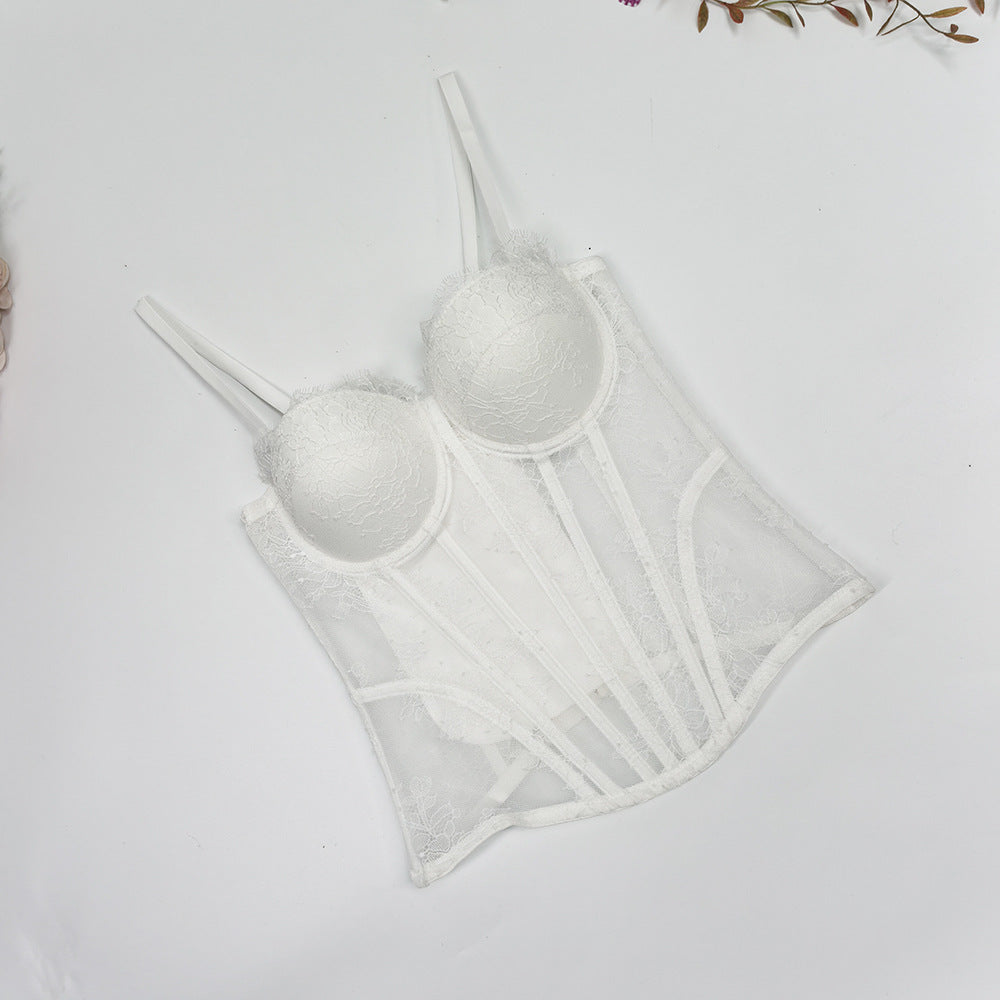 Lace Print Off-Shoulder Fishbone Corset Bra