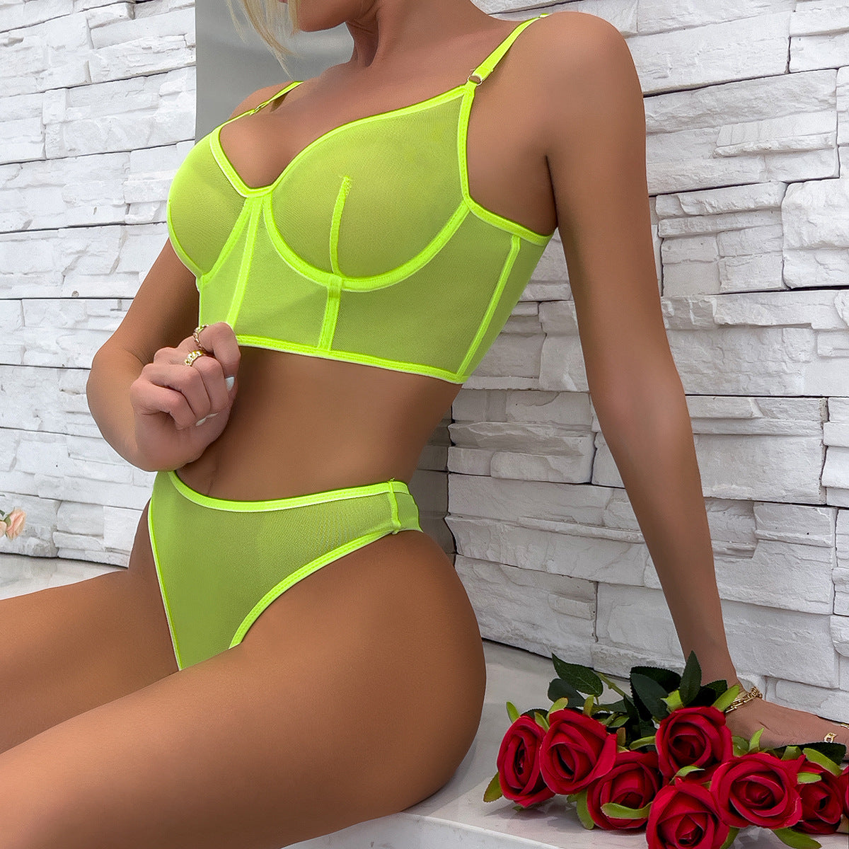 Fishbone Colorblock Sheer Mesh Lift Bra Set