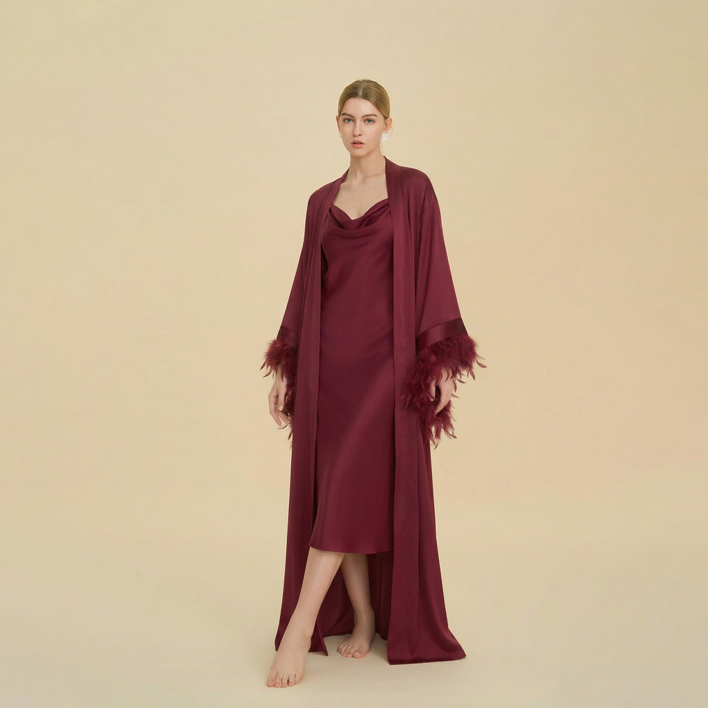 French Feather Trim Bridal Robe Set | Luxury Bridesmaid & Wedding Nightgown