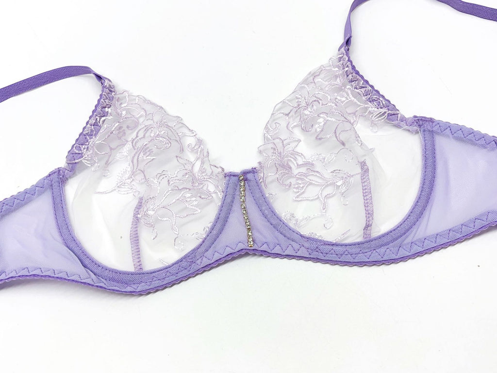 Lace Bra, Thong & Leg Ring Set – Sheer Embroidery, 3-Piece