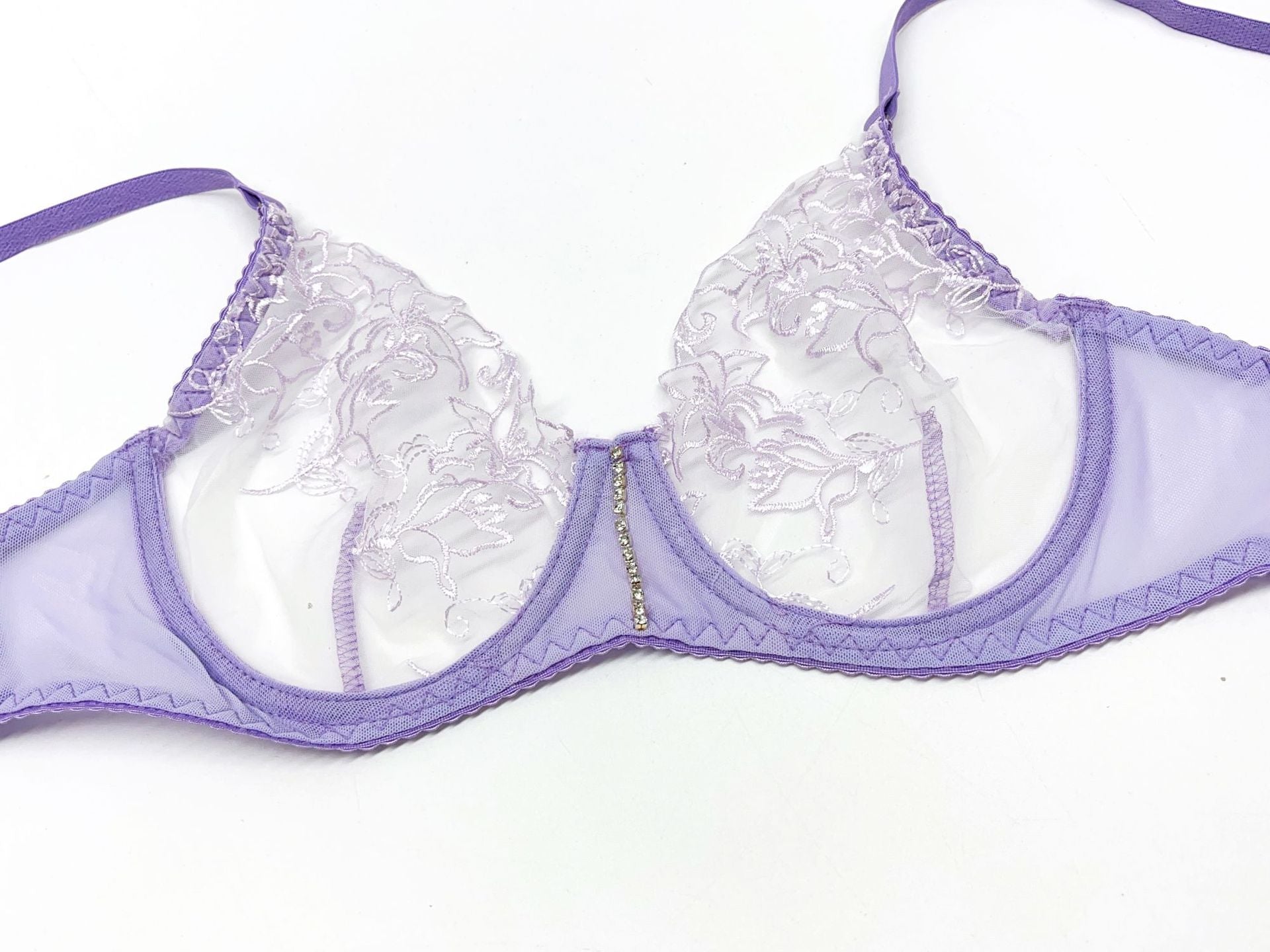 Lace Bra, Thong & Leg Ring Set – Sheer Embroidery, 3-Piece
