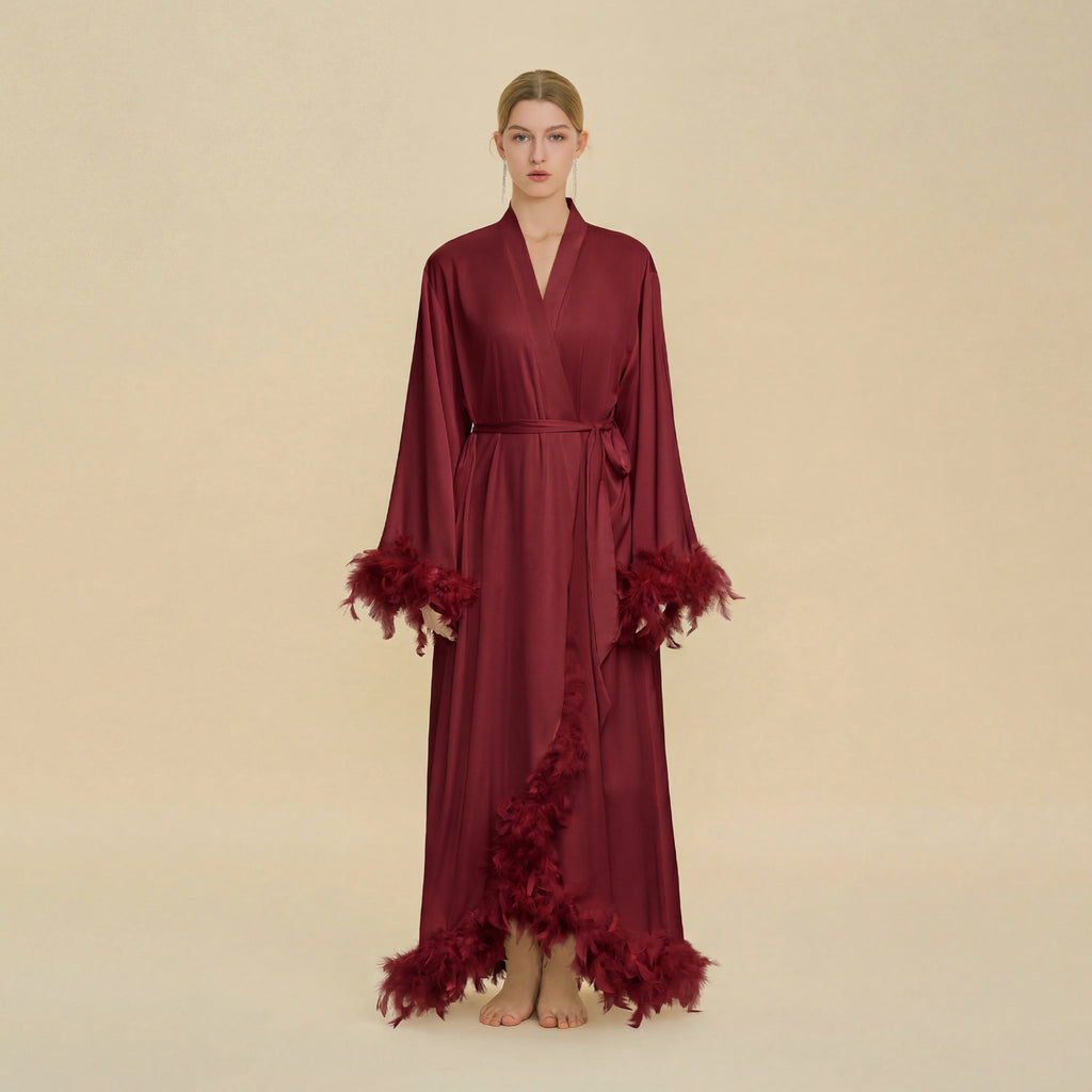 Feather Cardigan & Slip Dress Set | Luxury Long-Sleeve Loungewear