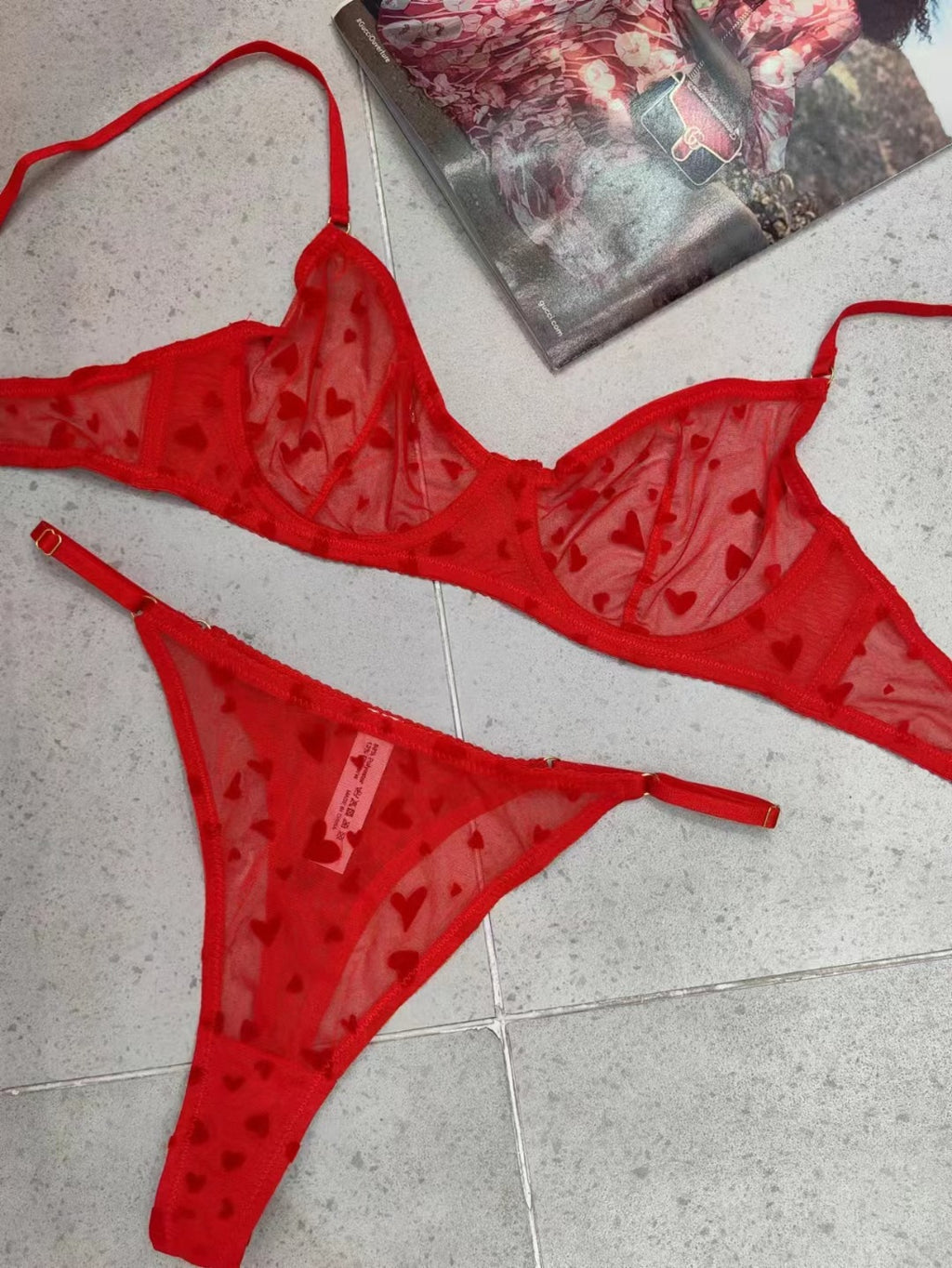 Heart Print Mesh Lace Bra Set – French Ultra-Thin, Push-Up